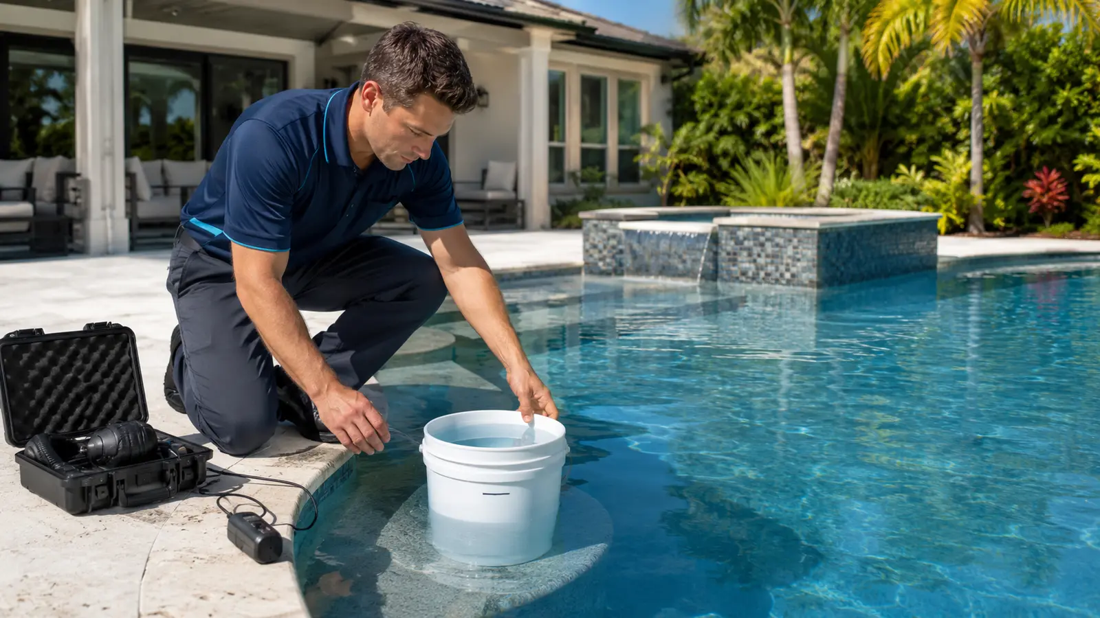 Technician performing a bucket test to compare pool evaporation with possible water loss