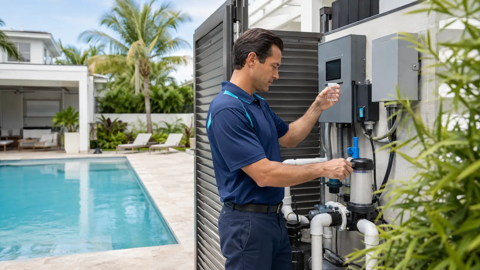 Technician inspecting saltwater-pool equipment at a coastal Florida home