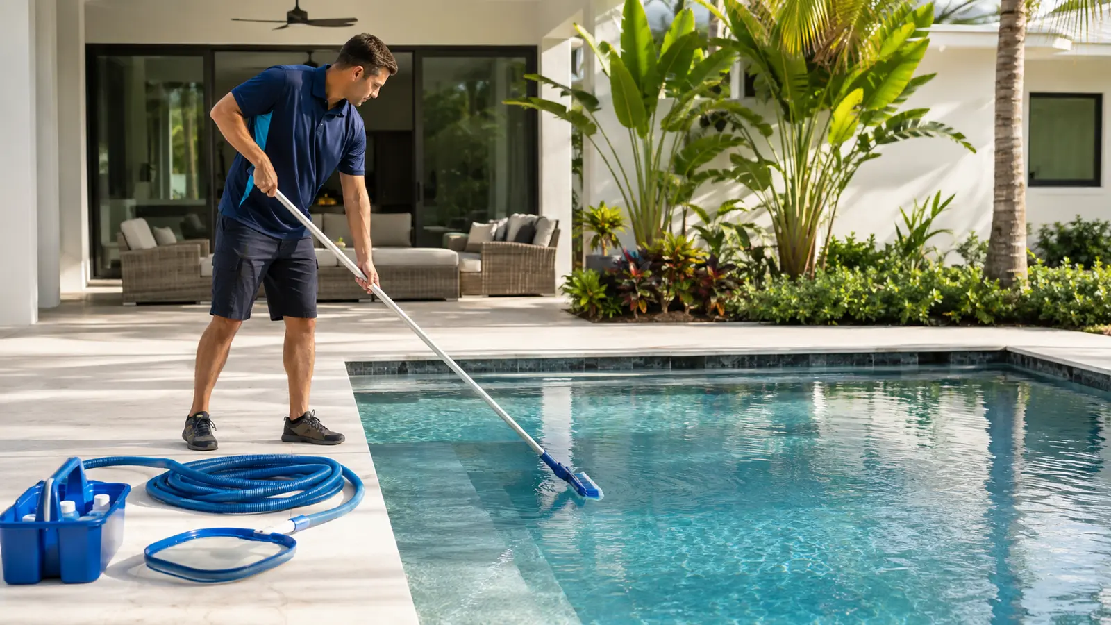 Pool service technician brushing a modern Florida swimming pool during weekly maintenance