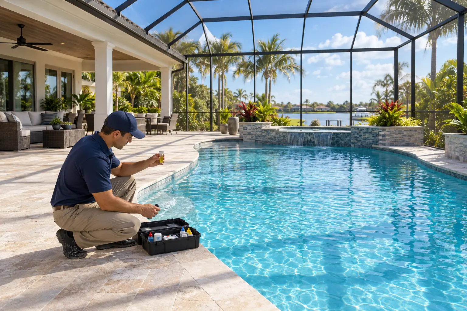 Pool technician performing professional water testing at a Palm City Florida pool