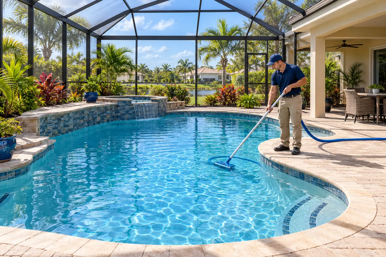 Pool technician vacuuming a residential swimming pool in Port St. Lucie Florida
