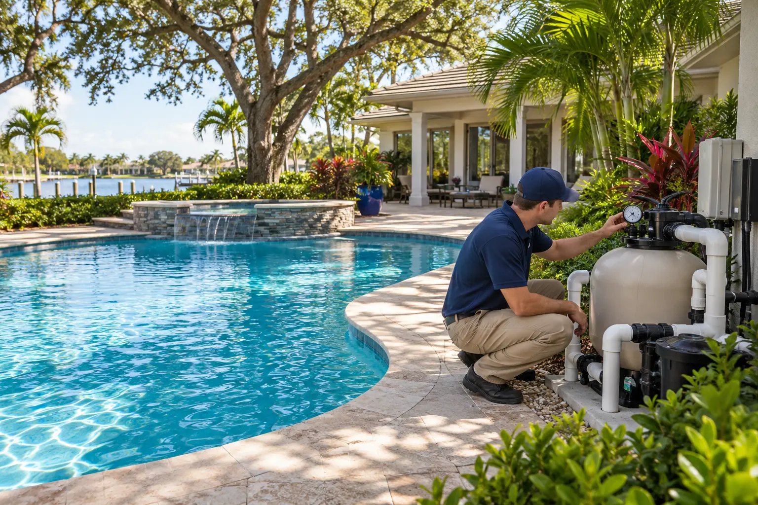Pool technician cleaning a cartridge filter at a Stuart Florida home
