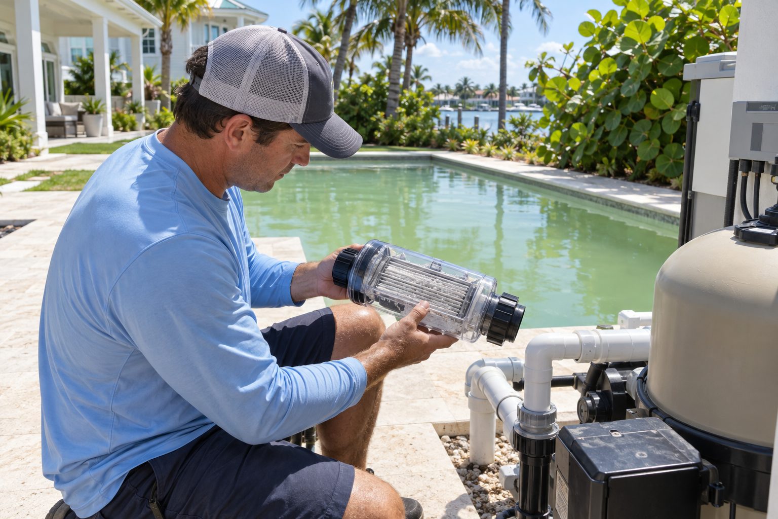 Sun Harbor technician inspecting the salt cell at the equipment pad beside a green saltwater pool at a coastal Jupiter home