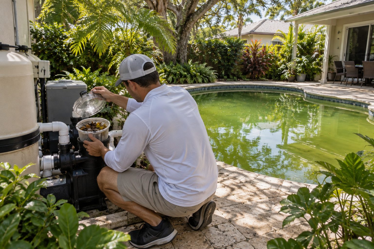 Sun Harbor technician opening the pump basket lid beside a compact green pool at a Tequesta home with mature landscaping