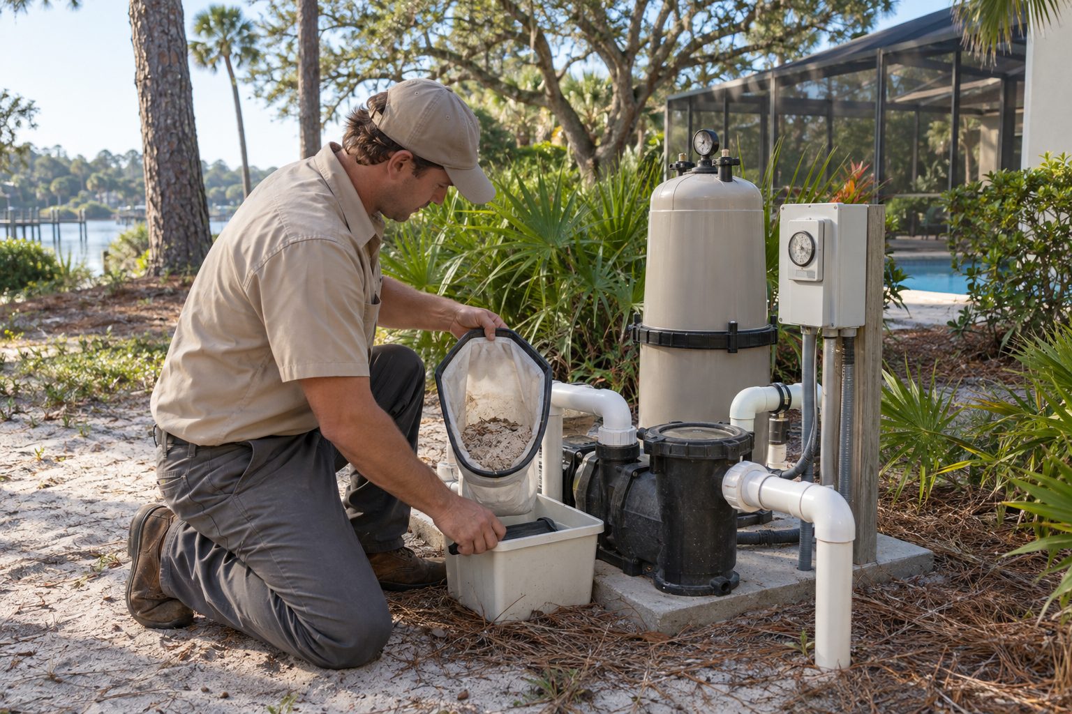 Pool technician checking a stopped pump and opening a pressure-side cleaner bag at a shaded Hobe Sound home with sandy soil and mature landscaping.