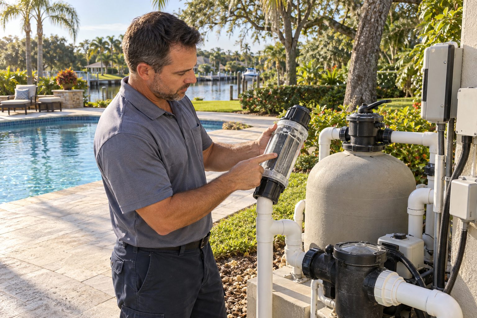 Technician examining a newly added salt cell at the equipment pad of an established Palm City pool home with a large deck and canal-side landscaping