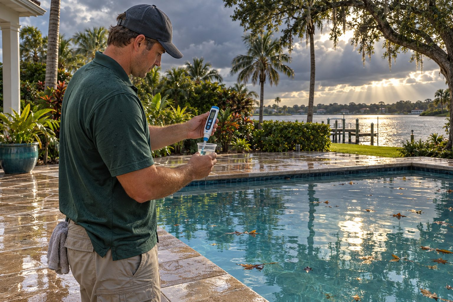 Technician testing salinity at a rain-filled saltwater pool near the St. Lucie River in Stuart under clearing storm clouds