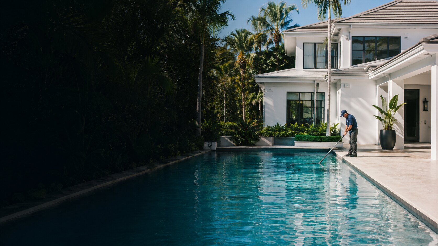 Pool technician skimming a residential swimming pool beside a white South Florida home