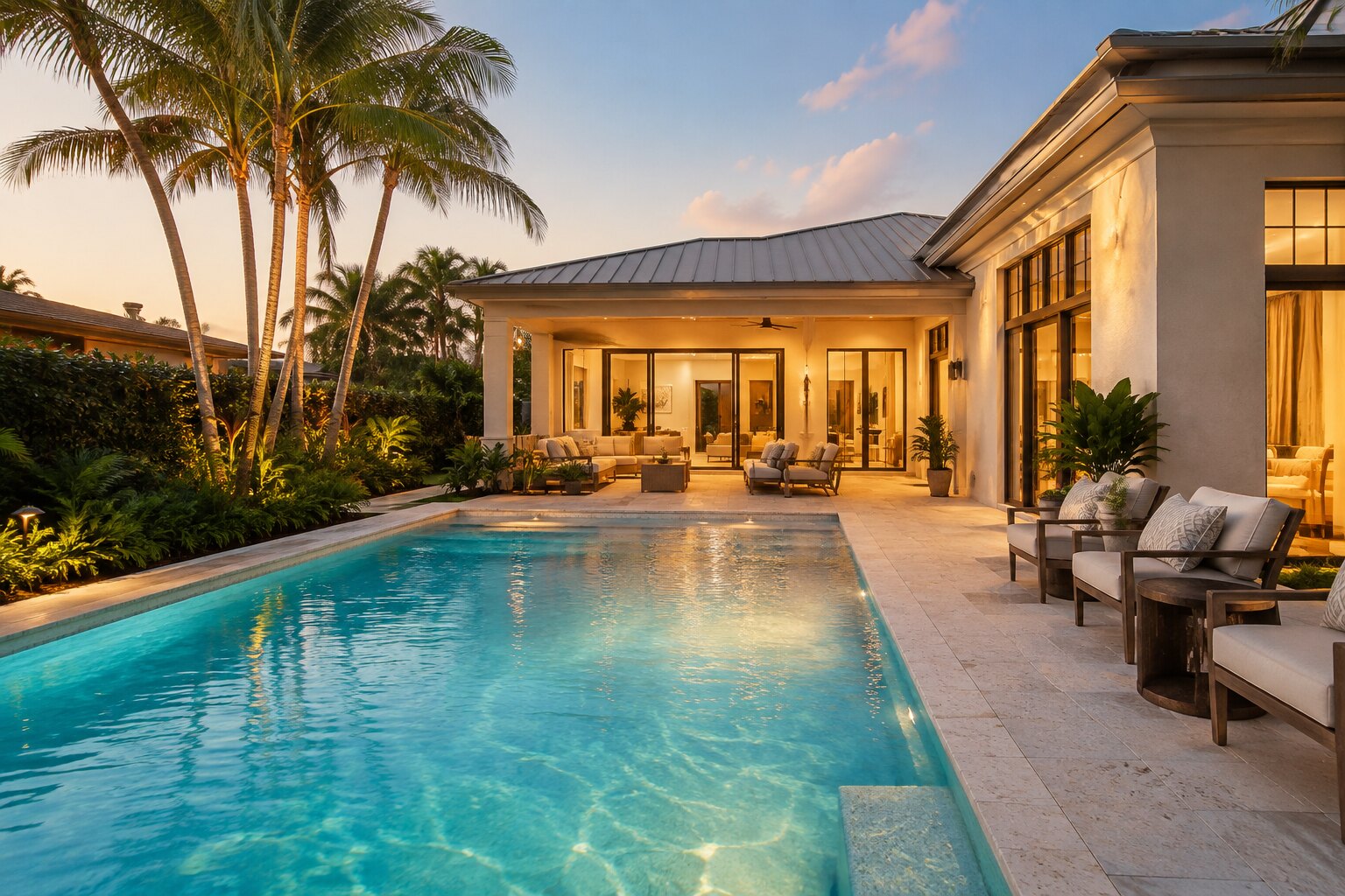 Lit backyard pool and covered patio at a South Florida home at dusk