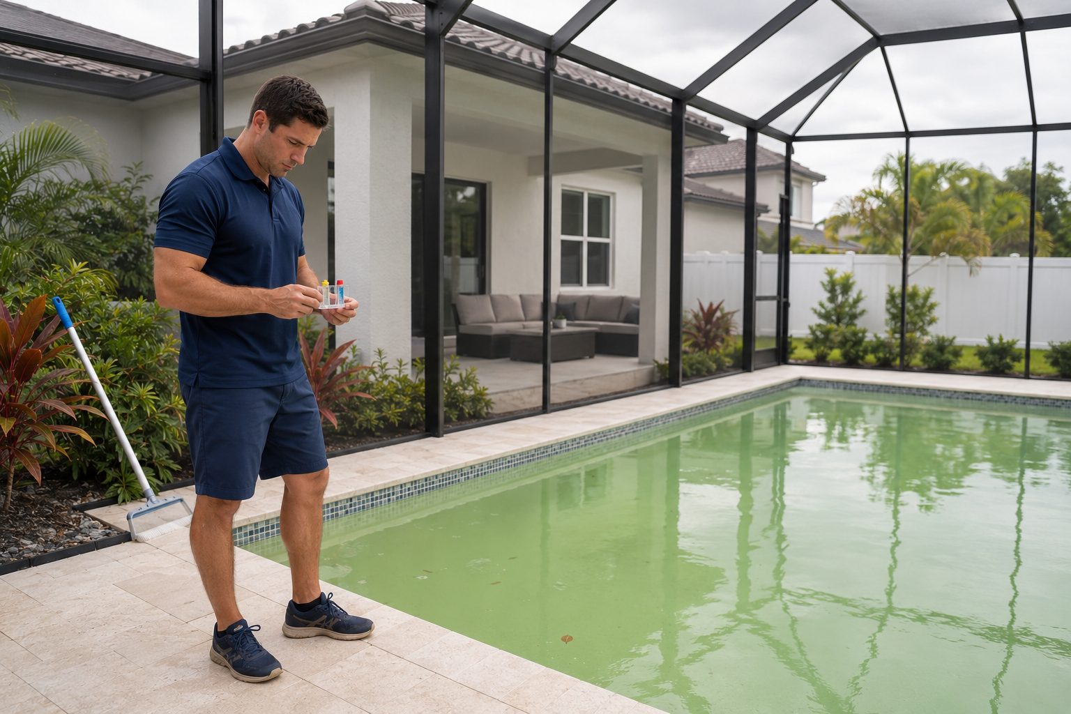 Technician assessing a cloudy green pool at a newer Port St. Lucie home