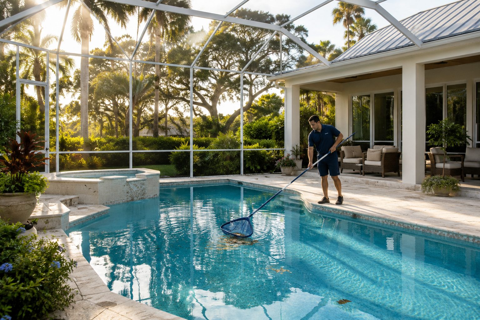 Sun Harbor Pools technician skimming leaves from a screened pool surrounded by mature Hobe Sound landscaping