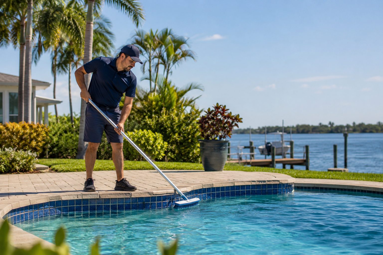Sun Harbor Pools technician brushing the tile line of a riverfront residential pool in Stuart, Florida