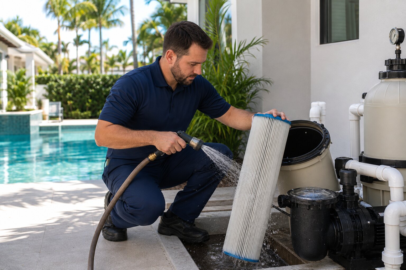 Technician cleaning a pool filter cartridge during an equipment service