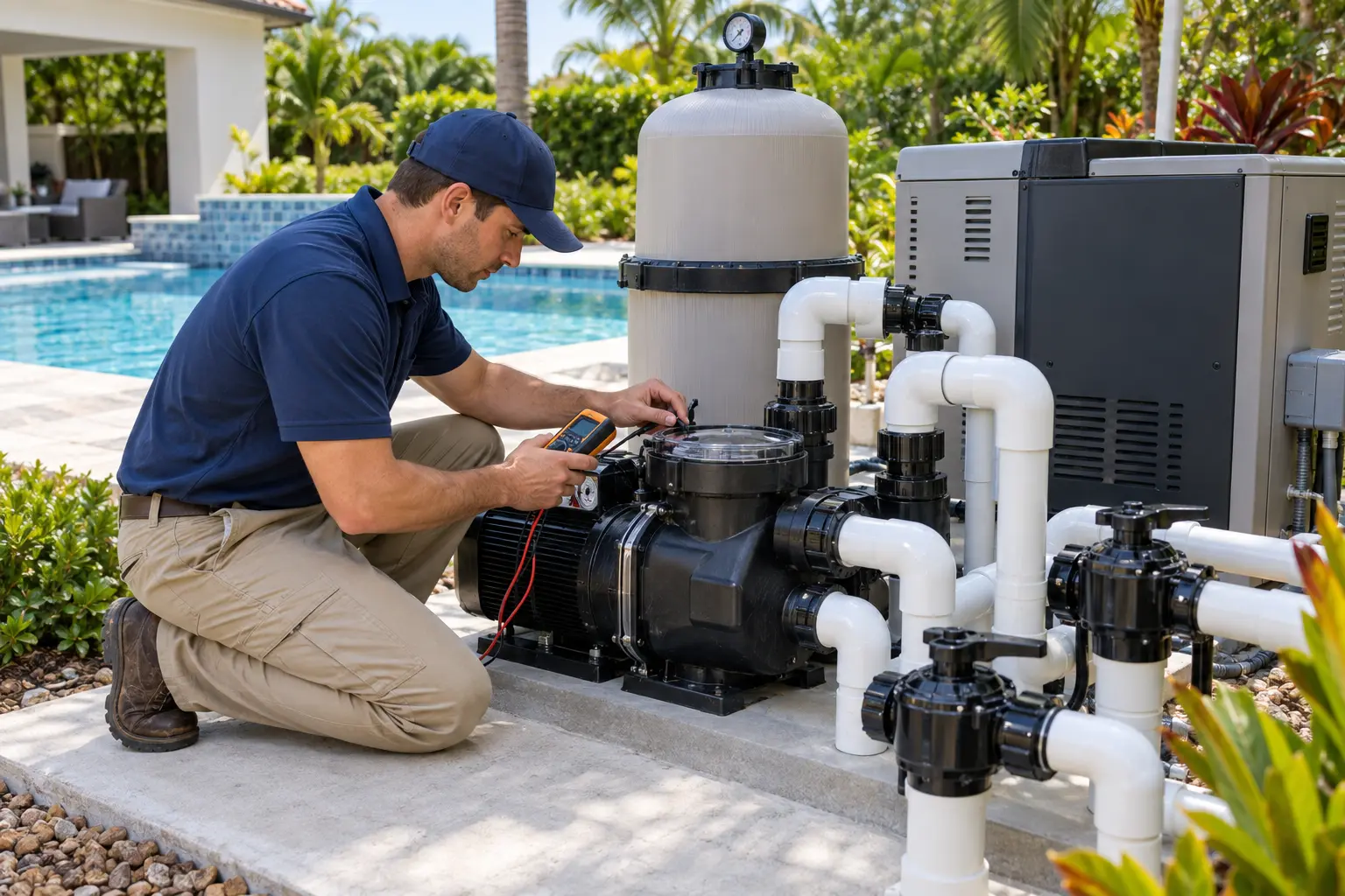 Pool technician diagnosing a residential pump and filtration system