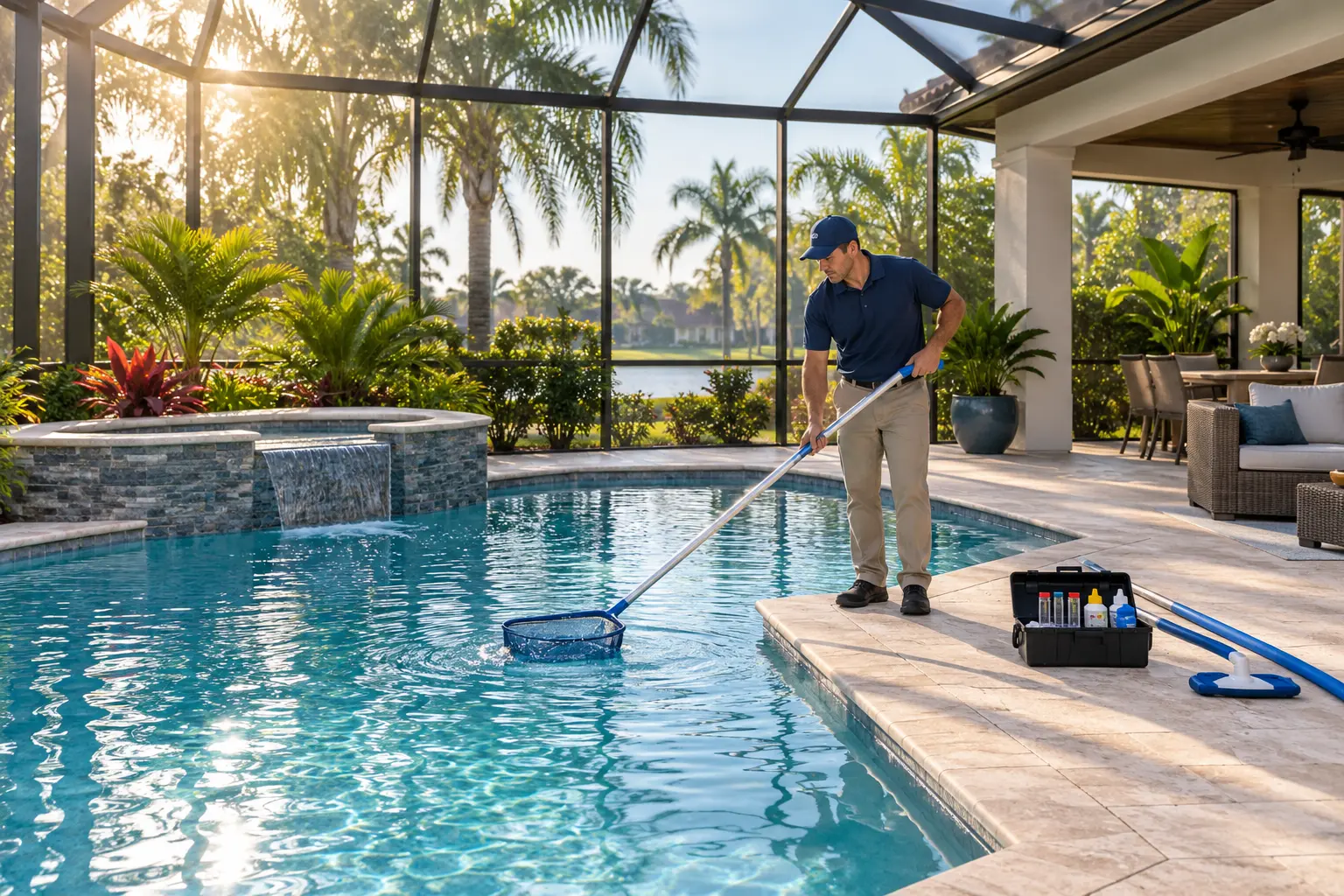 Pool technician skimming a screened residential pool during full-service maintenance