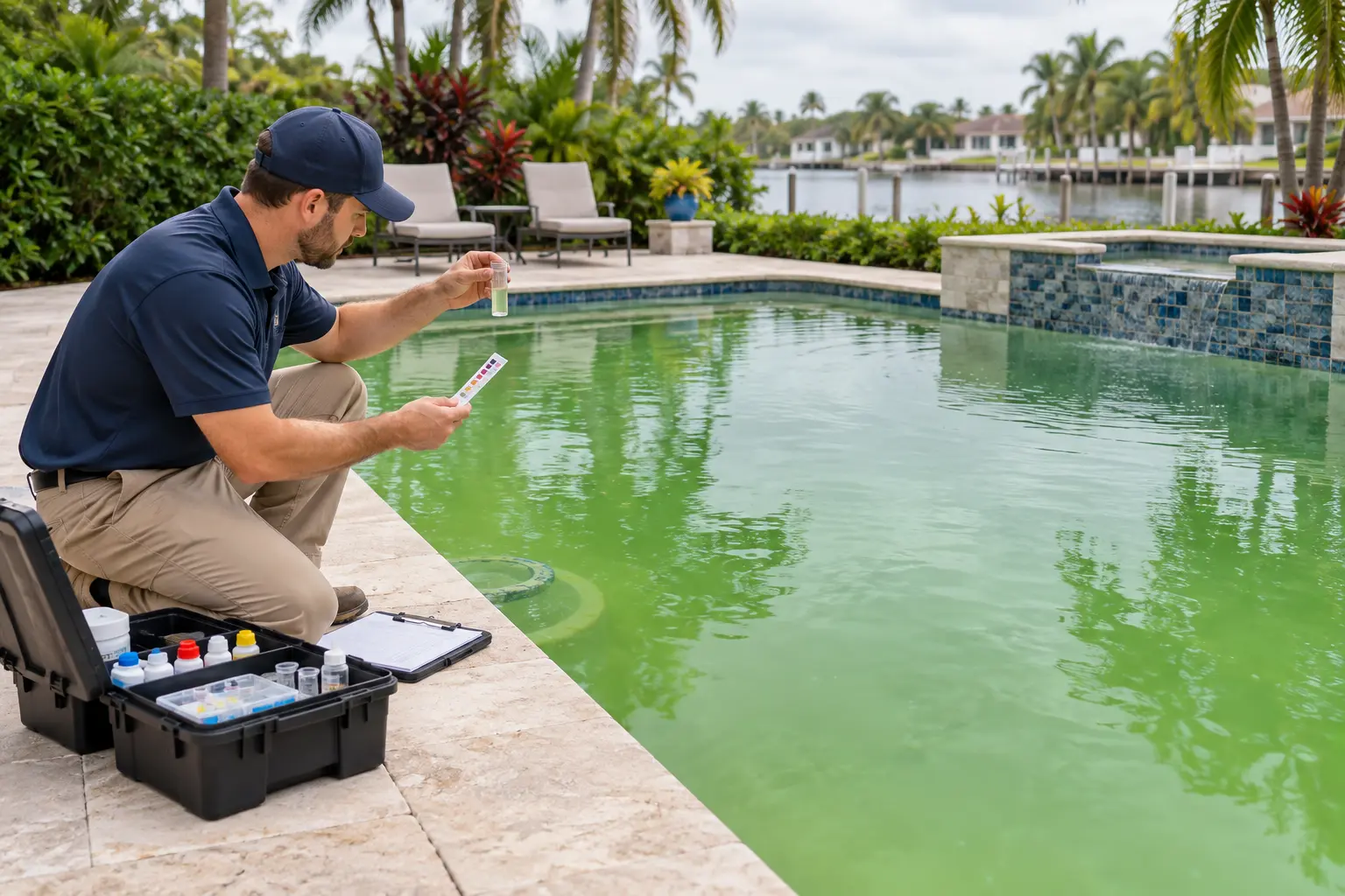 Pool technician testing green pool water before beginning recovery service