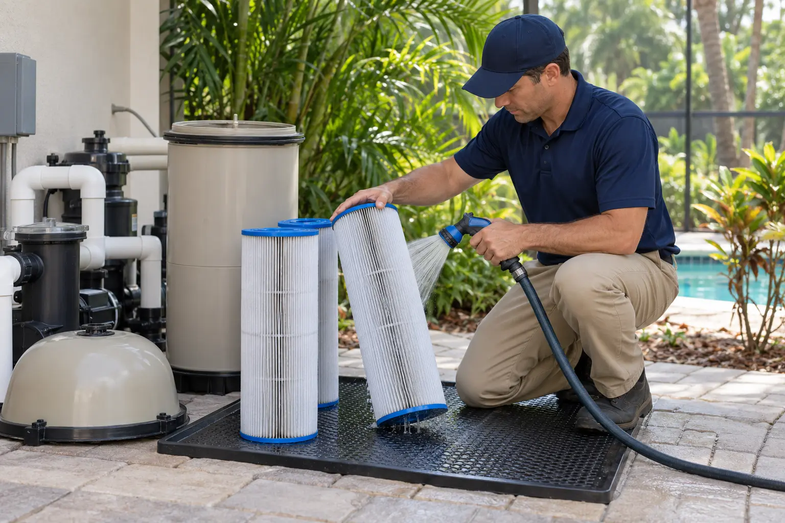 Pool technician rinsing residential cartridge filter elements on a clean equipment pad