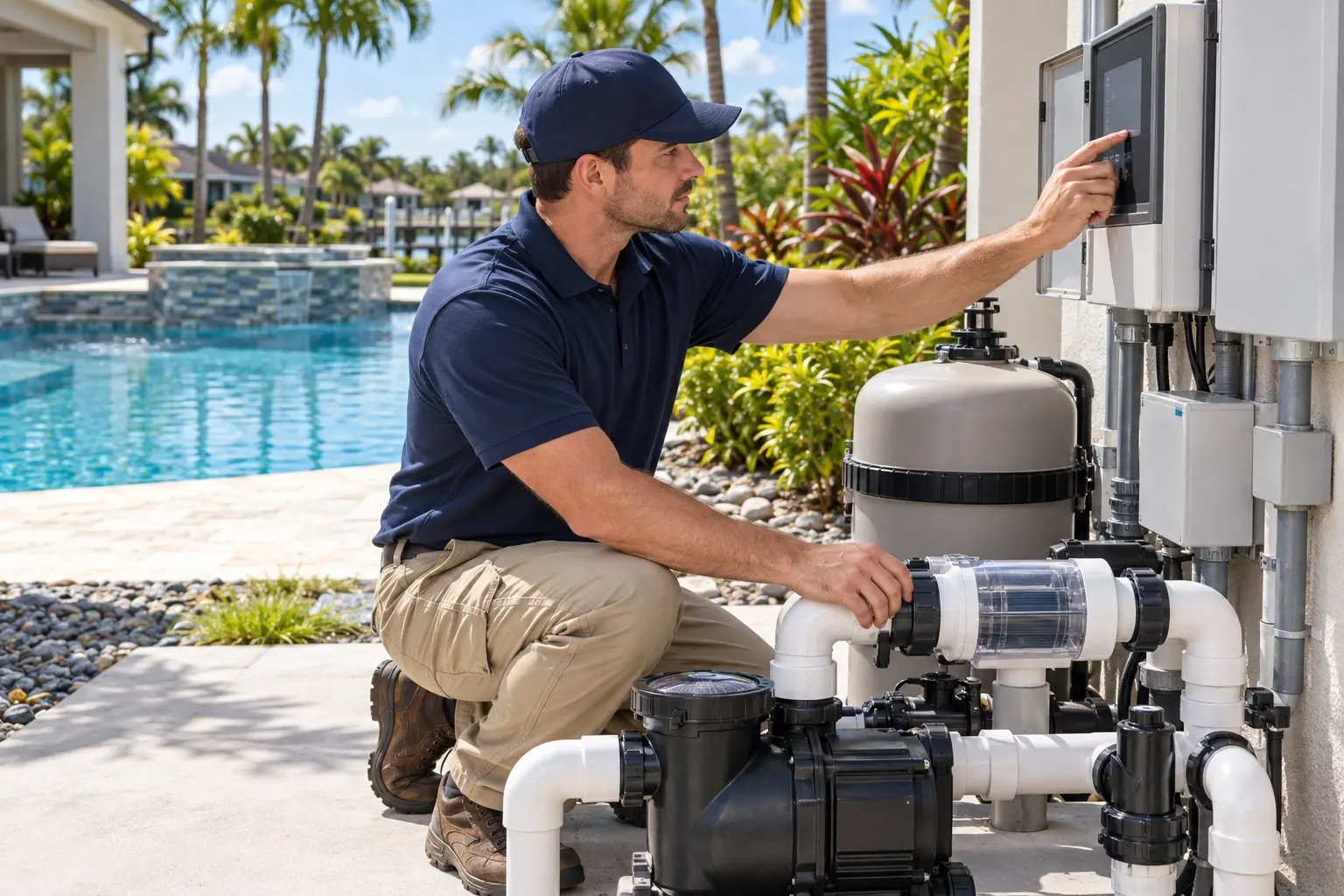 Pool technician checking a saltwater system and outdoor automation controller