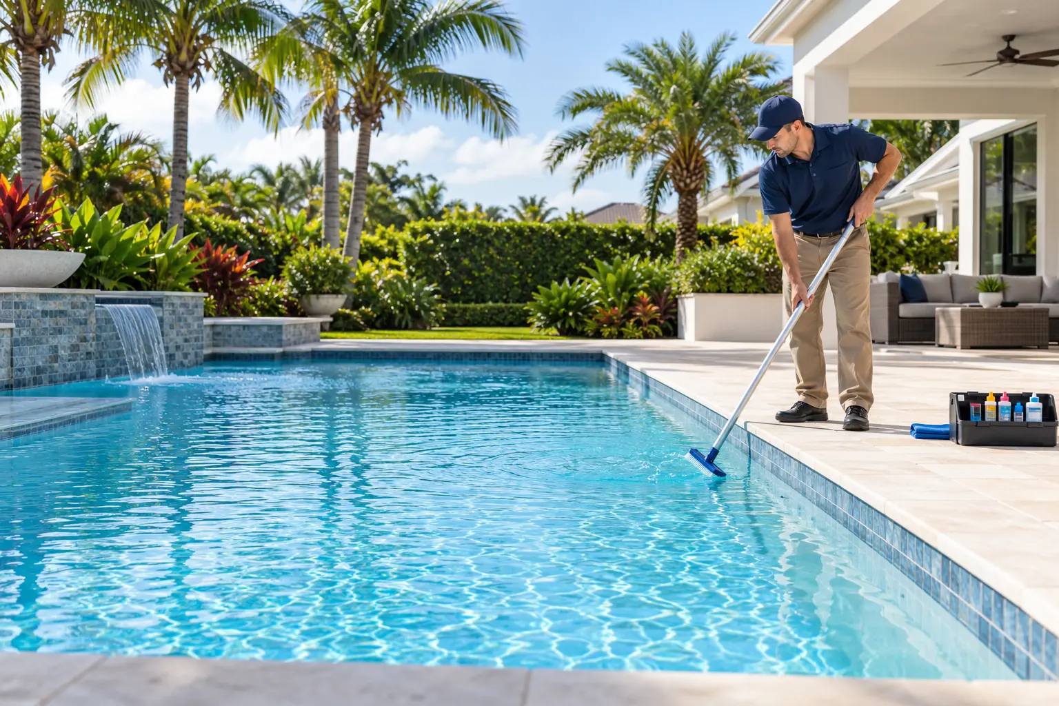 Pool technician brushing a clear residential pool during weekly service